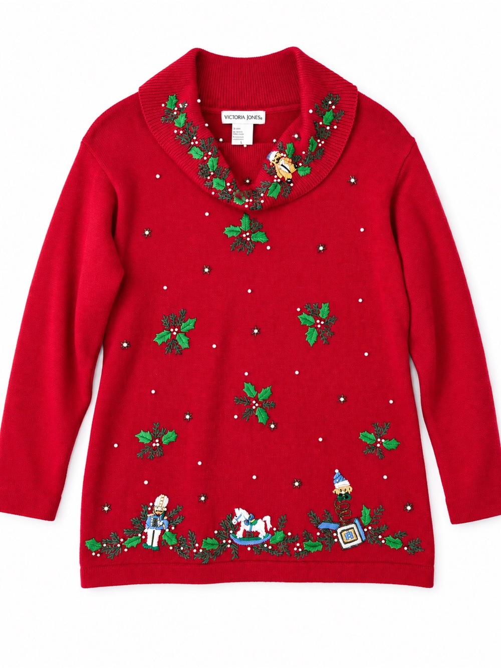 Vintage Victoria Jones Christmas Sweater Nutcracker Beaded Red Ramie Cotton L